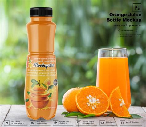 Free Orange Juice Bottle Mockup PSD Template Mockup Den
