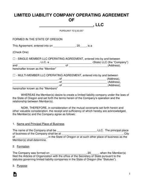 Free Oregon Llc Operating Agreement Forms Pdf Word Eforms inside