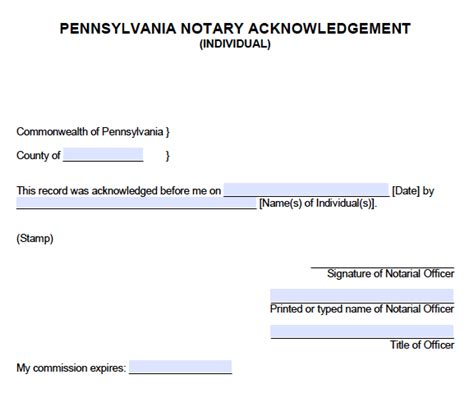 Free Pennsylvania Notary Acknowledgment Form PDF Word