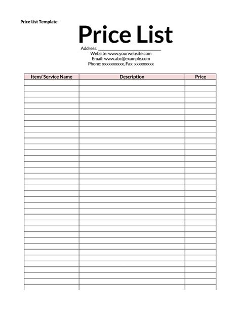 Free Price Sheet Template Database