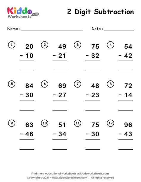 Free Printable 2 Digit Subtraction Worksheet kiddoworksheets