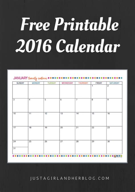 Free Printable 2016 Calendar! Just a Girl and Her Blog