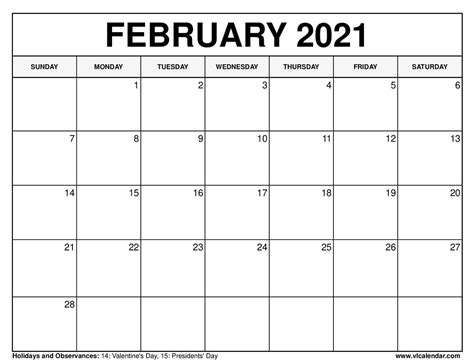 Free Printable 2021 February Calendar