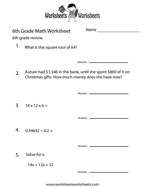 Free Printable 6th Grade Worksheets