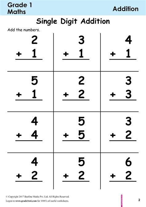 Free Printable Addition Worksheets For Grade 1 Addition Of Single Digit