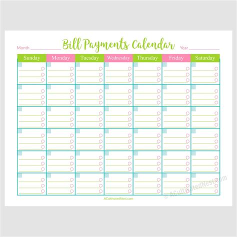 Free Printable Bill Pay Calendar Templates