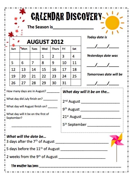 Free Printable Calendar Worksheets