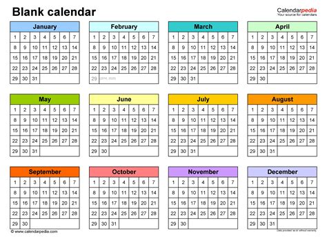 Free Printable Calendar in PDF, Word and Excel