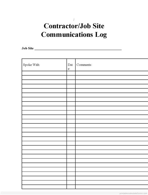 Free Printable Contractor,Job Comm Log Form(PDF & WORD)