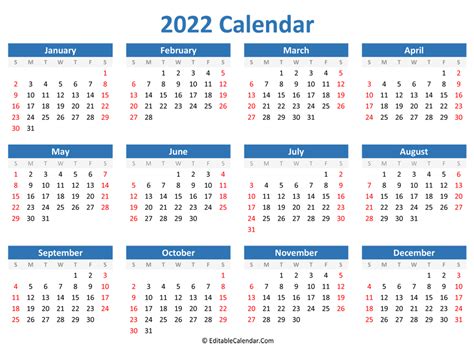 Free Printable Editable Calendar 2022