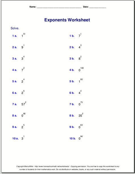 Free Printable Exponents Worksheets