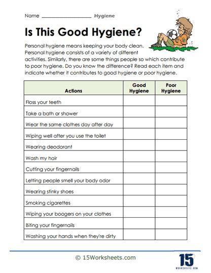 Free Printable Hygiene Worksheets For Teenagers Learning How to Read