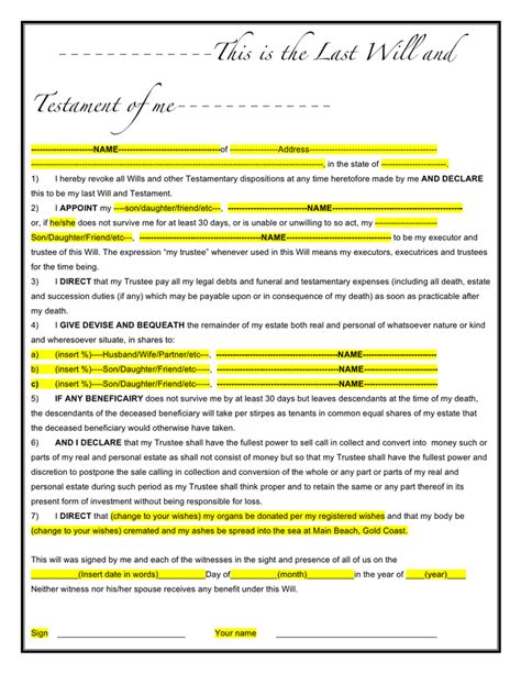 Free Printable Last Will And Testament Forms Pdf Form Resume