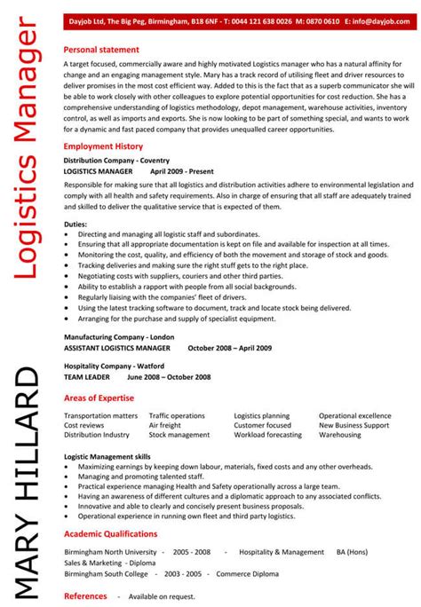 Free Printable Logistics Manager CV Examples