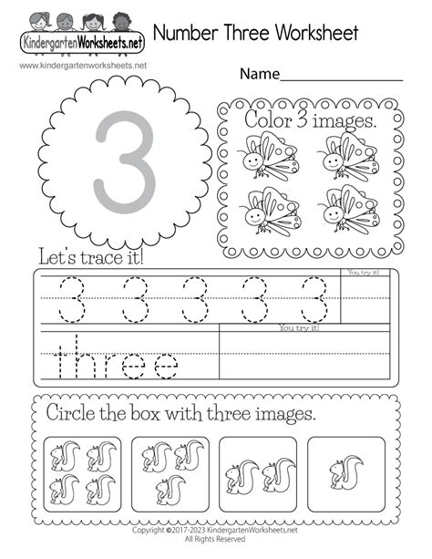 Free Printable Number Three Worksheet