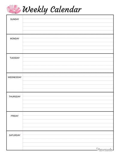 Free Printable One Week Weekly Calendar
