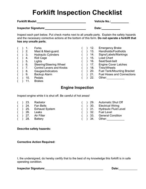 Free Printable Osha Daily Forklift Inspection Checklist Pdf Resume