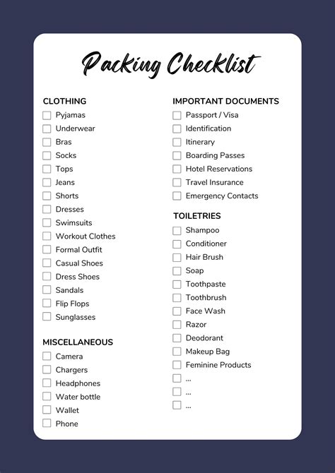 Free Printable Packing List Printable Packing List Packing List For Vacation Packing List Template