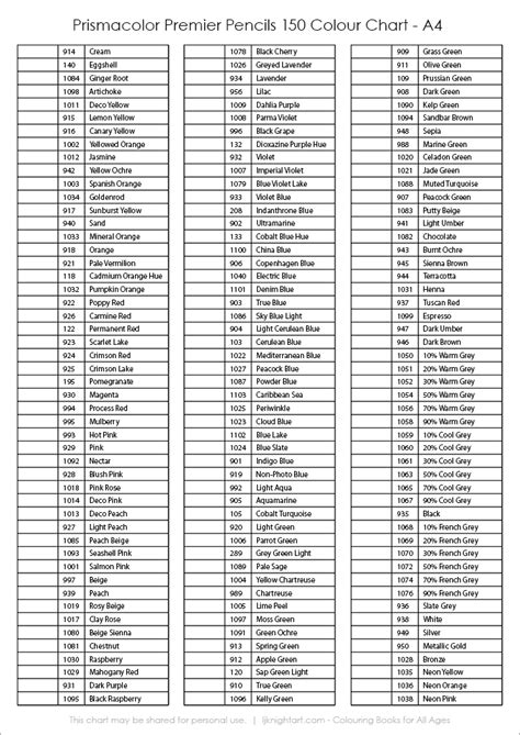 Free Printable Prismacolor Color Chart