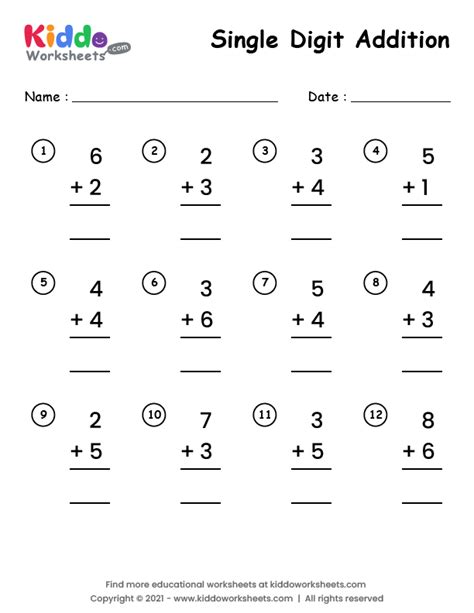 Free Printable Single Digit Addition Pdf Worksheet