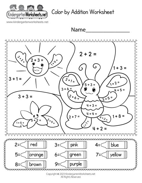 Free Printable Spring Color by Addition Worksheet for Kindergarten