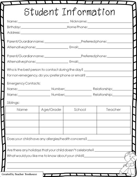 Free Printable Student Information Sheet For Teachers Web Collect Basic