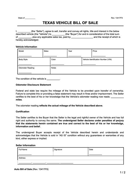 Free Printable Texas Bill Of Sale For