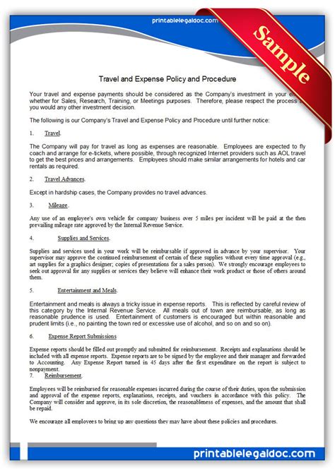 Free Printable Travel And Expense Policy And Procedure Form (GENERIC)