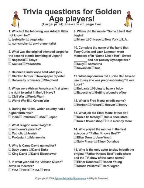Easy Trivia Questions And Answers For Senior Citizens Printable Quiz Questions And Answers