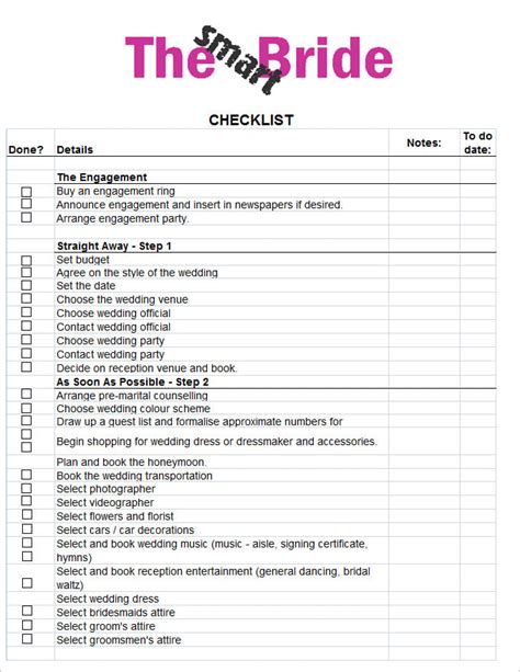 Free Printable Wedding Checklist Exce