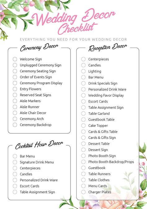 Free Printable Wedding Decor Checklist