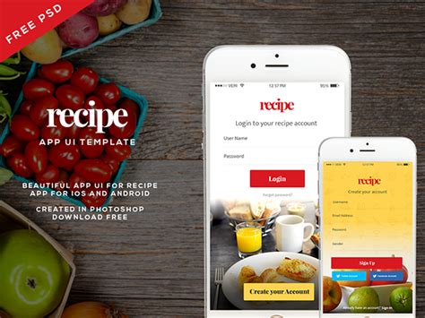 Free Recipe App Ui Psd For Ios And Android Follow On Behance