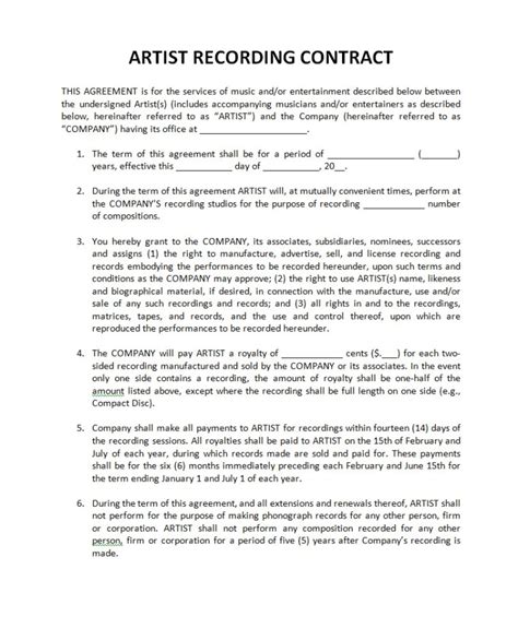 Free Recording Agreement Free To Print Save Download