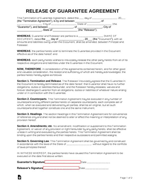 Free Release of Personal Guarantee Form PDF Word eForms