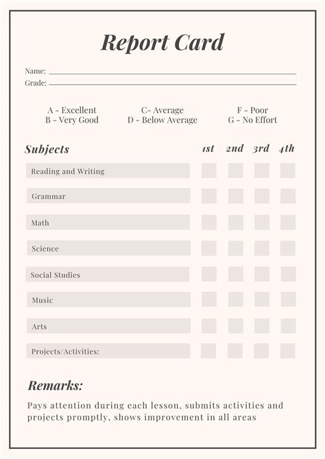 Free Report Card Template For Homeschoolers