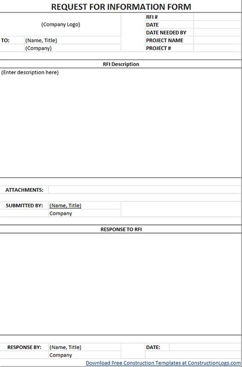 Free Request For Information Rfi Form Template Excel