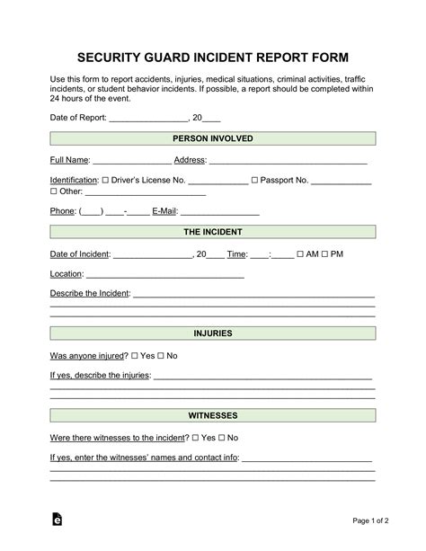 Free Security Guard Incident Report Template Word PDF eForms