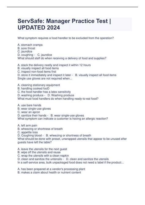 Free ServSafe Practice Test 2024 150+ Practice Questions