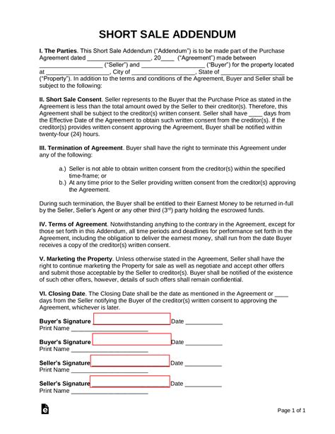 Free ShortSale Addendum to Purchase Agreement PDF Word eForms