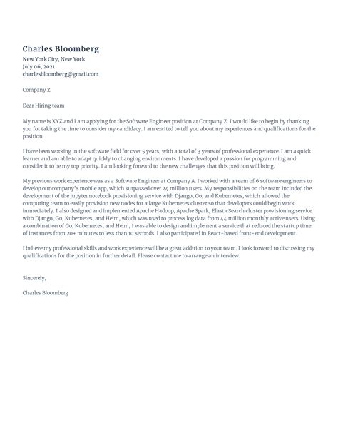 Free Software Developer Cover Letter Sample Rezi