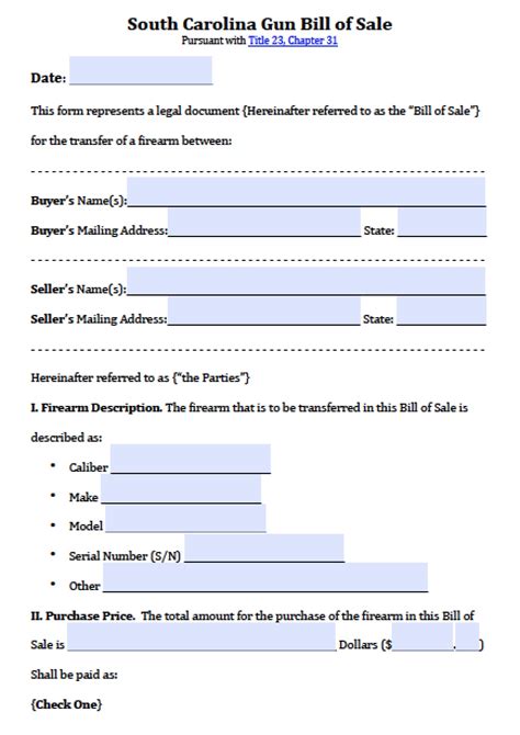 Free South Carolina Firearm/Gun Bill of Sale Form