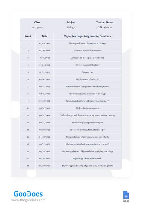 Free Syllabus Planner Template In Google Docs