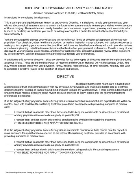 Free Texas Advance Directive Form PDF eForms