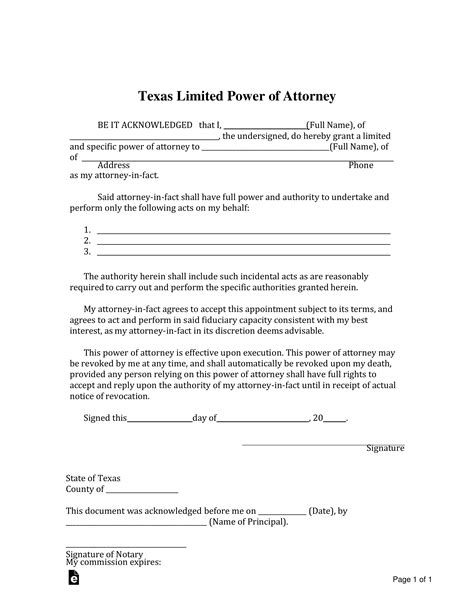 Free Texas Limited Power of Attorney Form Word PDF eForms