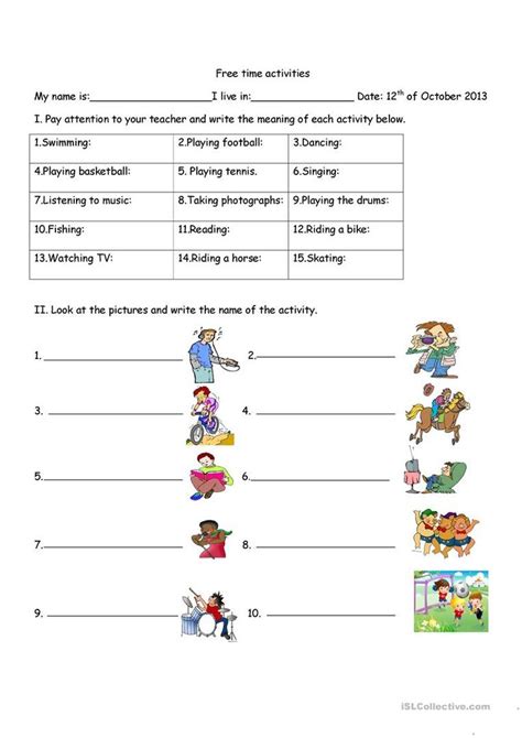 Free Time Activities English Esl Worksheets For Distance Learning And Physical Classrooms