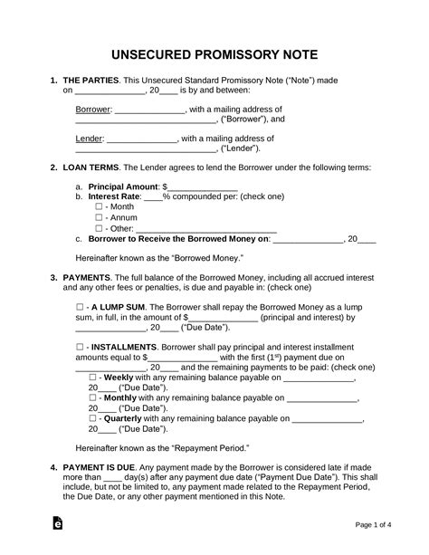 Free Unsecured Promissory Note Template PDF Word