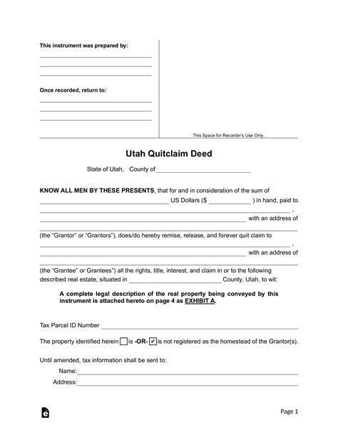 Free Utah Quit Claim Deed Form PDF Word eForms