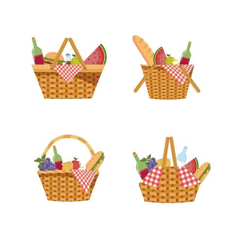 Free Vector Set of picnic hamper with food and tablecloth