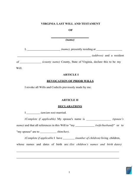Free Virginia Va Last Will And Testament Template Fillable Forms