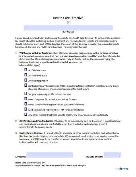 Free Washington Living Will Form PDF